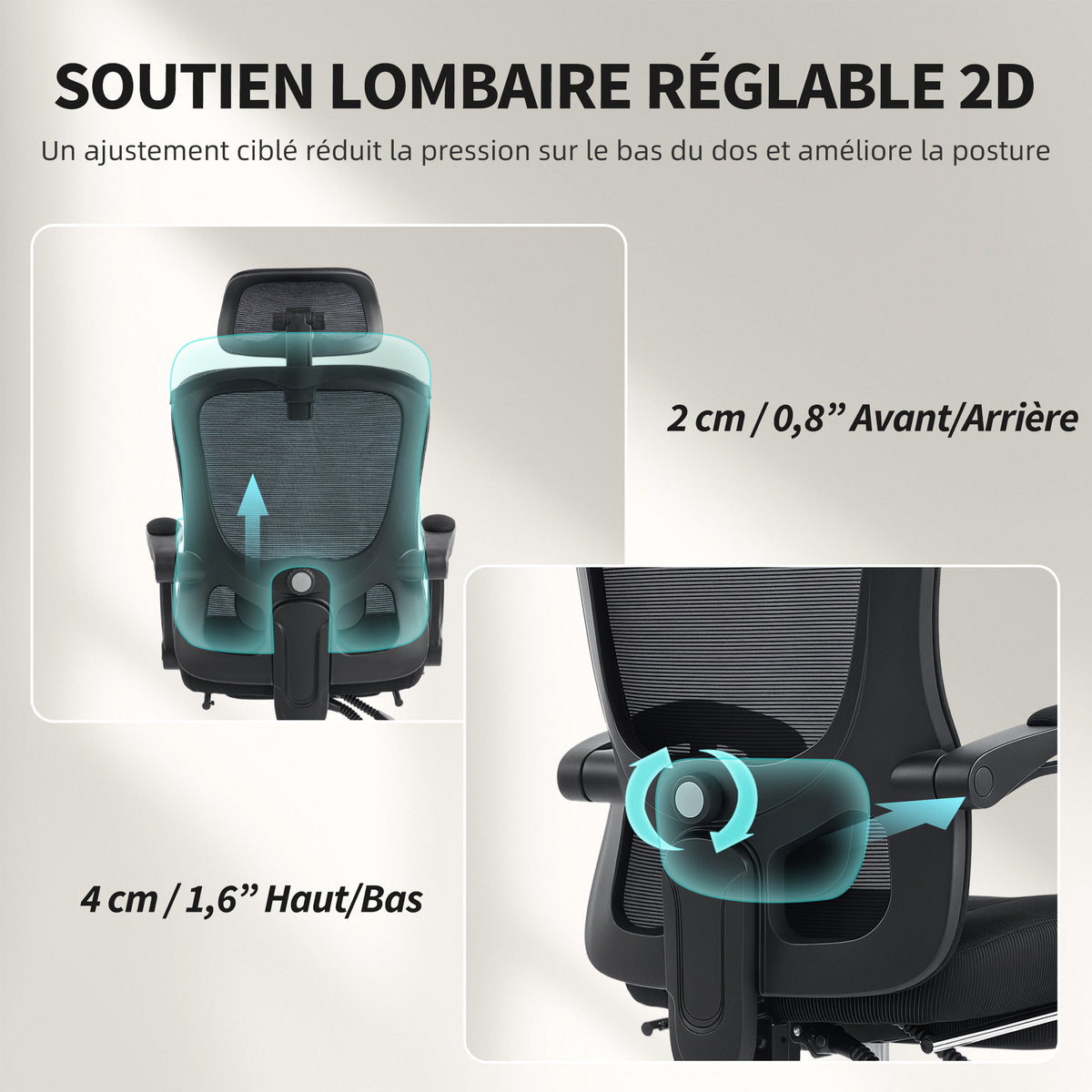 Chaise bureau ergonomique, fauteuil de bureau en maille avec appuie-tête réglable, support lombaire, 64x64x124cm, noir-4