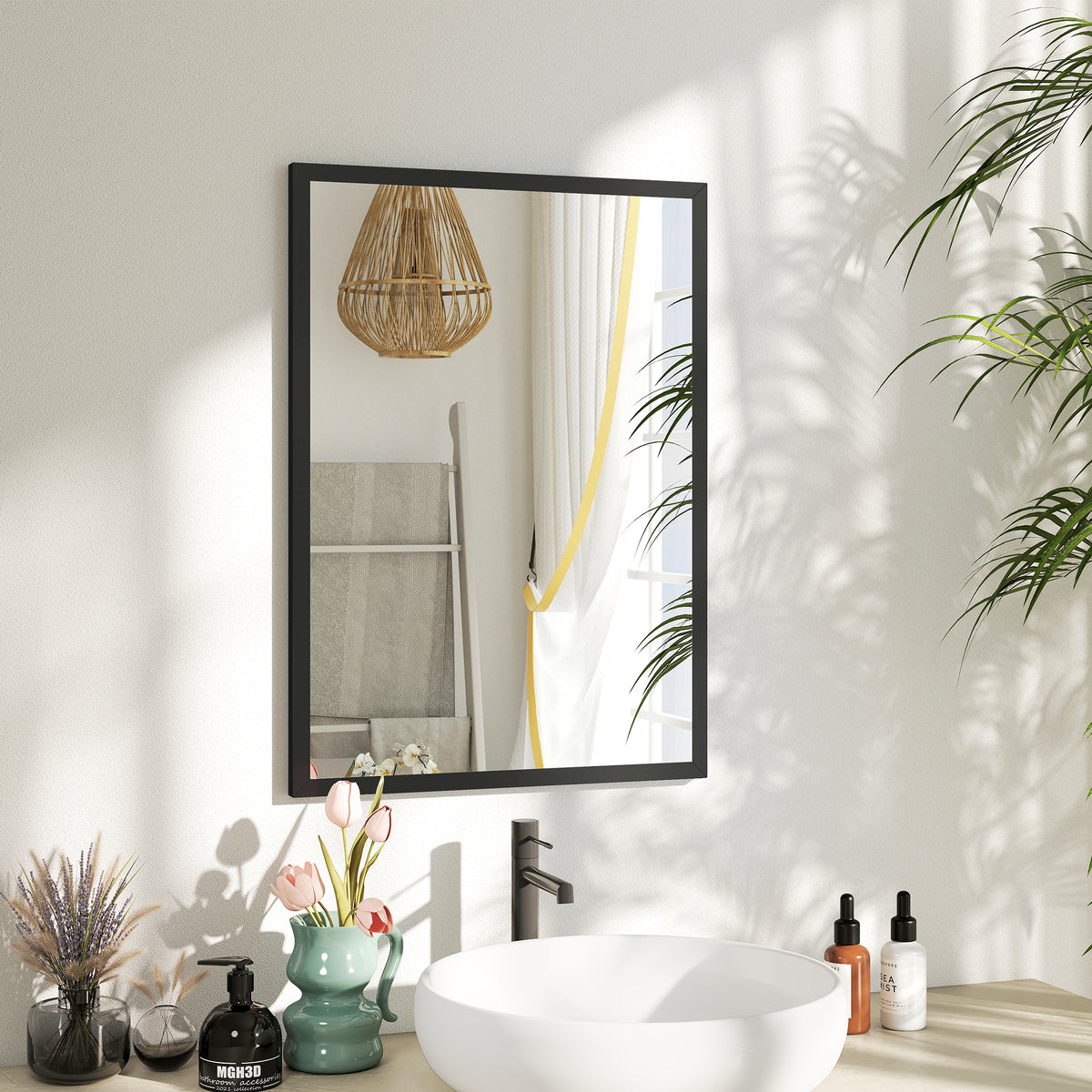 Miroir mural rectangulaire 50 x 70 cm, cadre en bois noir, idéal pour la salle de bain, salon ou chambre-1