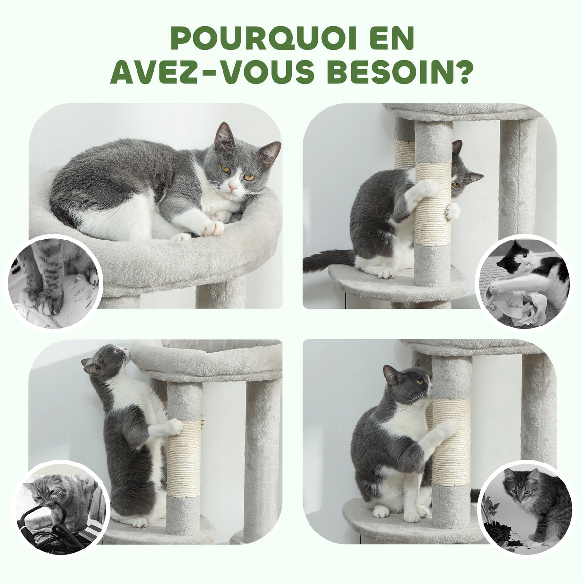Arbre à chat tour de jeux pour chats griffoirs, plate-forme, niche, balle, tissu peluche, 60 x 45 x 90 cm, gris clair-6