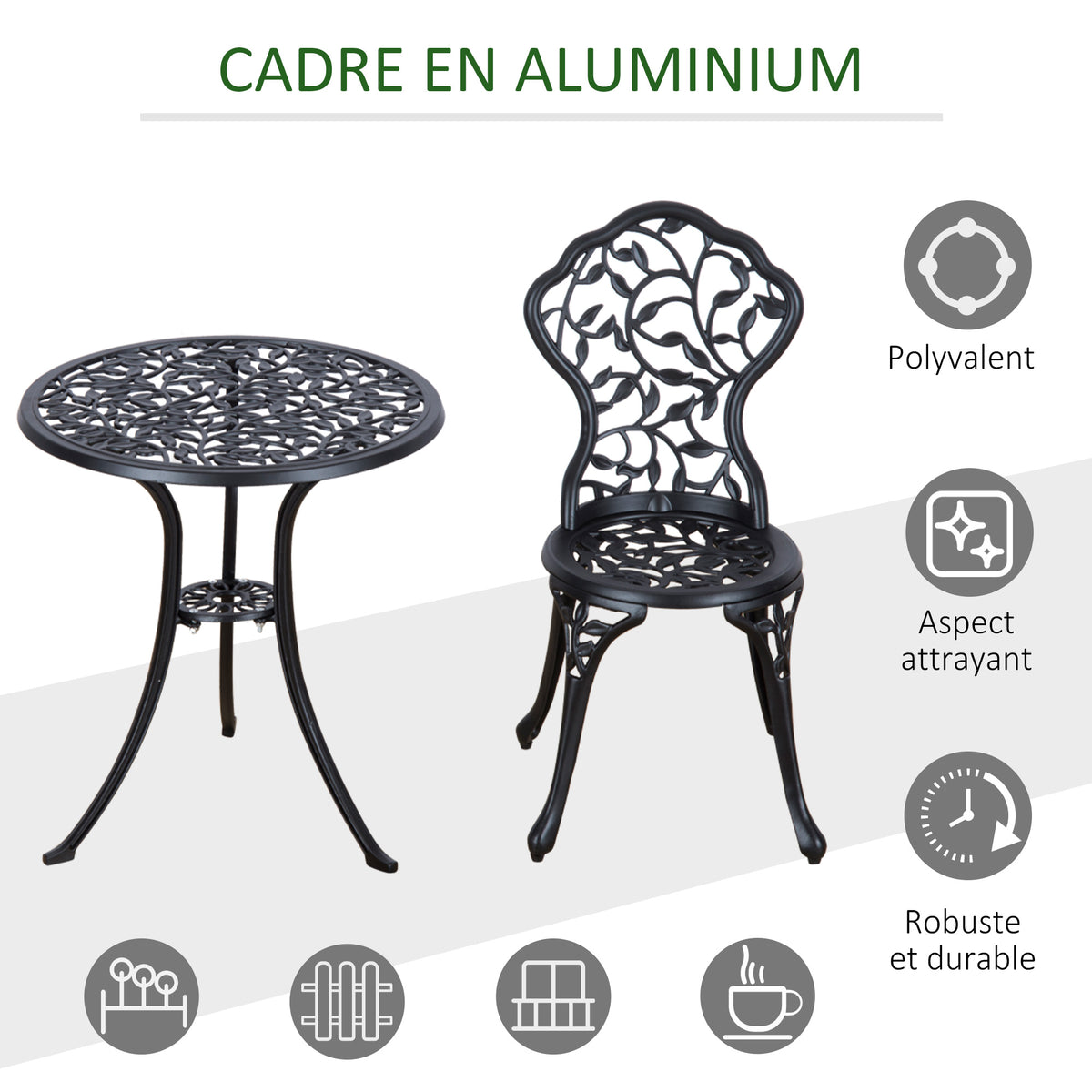 Ensemble de bistrot 3 pièces avec 2 chaises et 1 table ronde style antique, pour jardin, terrasse, balcon, noir-4