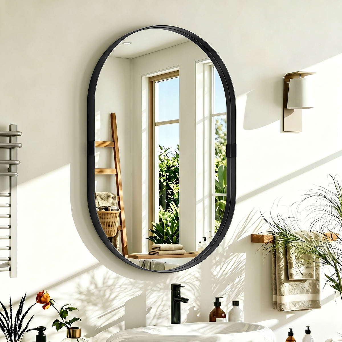 Miroir mural, miroir décoratif 60 x 90 cm en verre trempé et cadre en aluminium, pour chambre, salon, couloir, noir-1