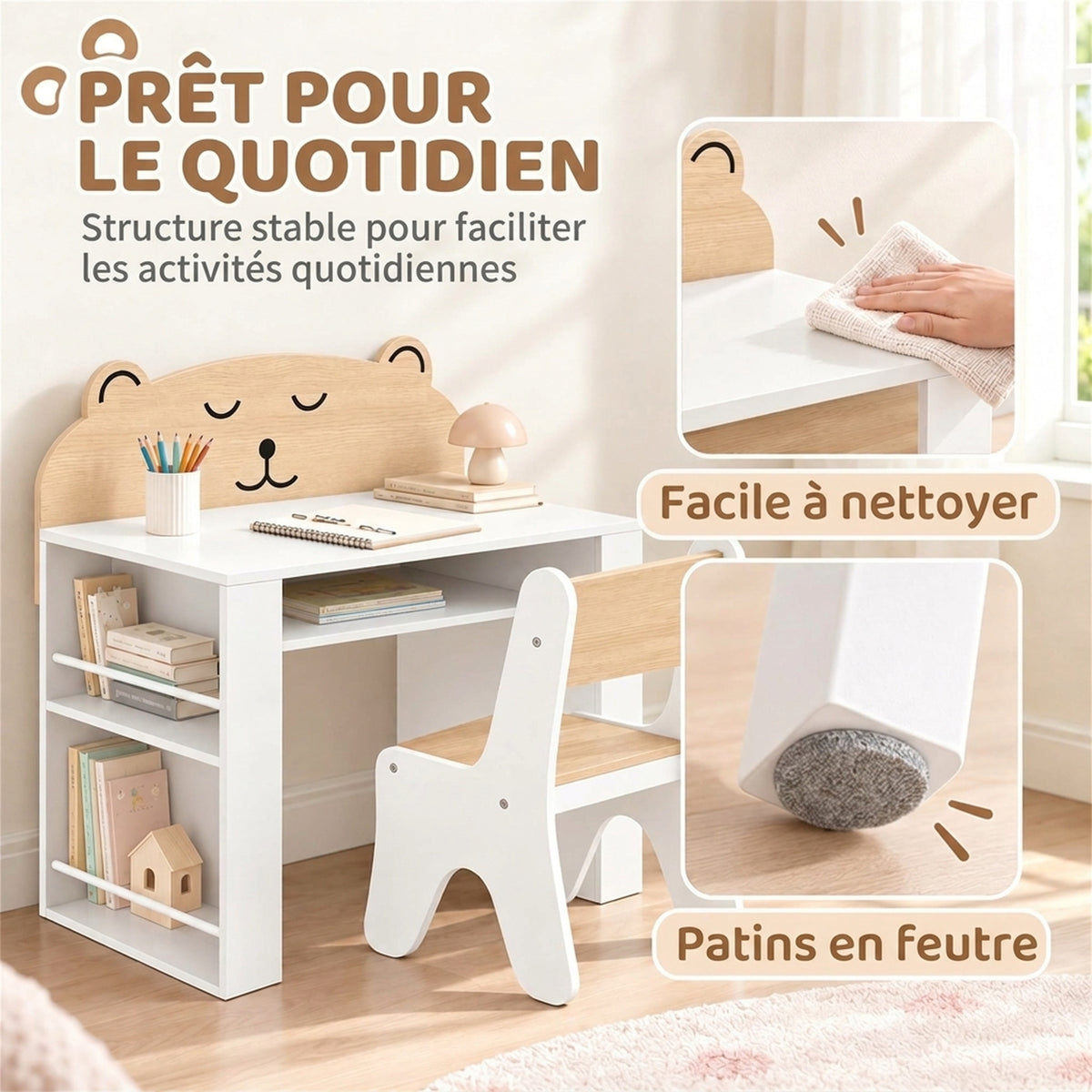 Bureau et Chaise pour Enfant 2 Pièces, Ensemble Table d'Activité avec Bibliothèque pour Dessin, Lecture et Jeux, Blanc-6