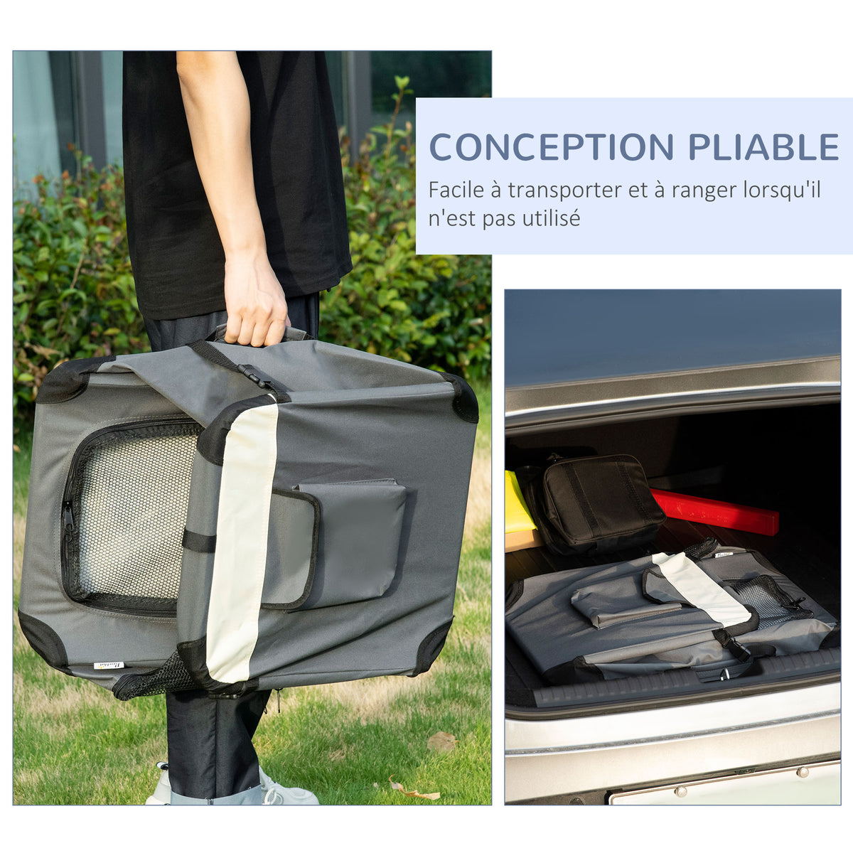 Sac de transport pliable - poignée, 3 entrées zippées, poche - coussin amovible - acier oxford polyester gris noir-5
