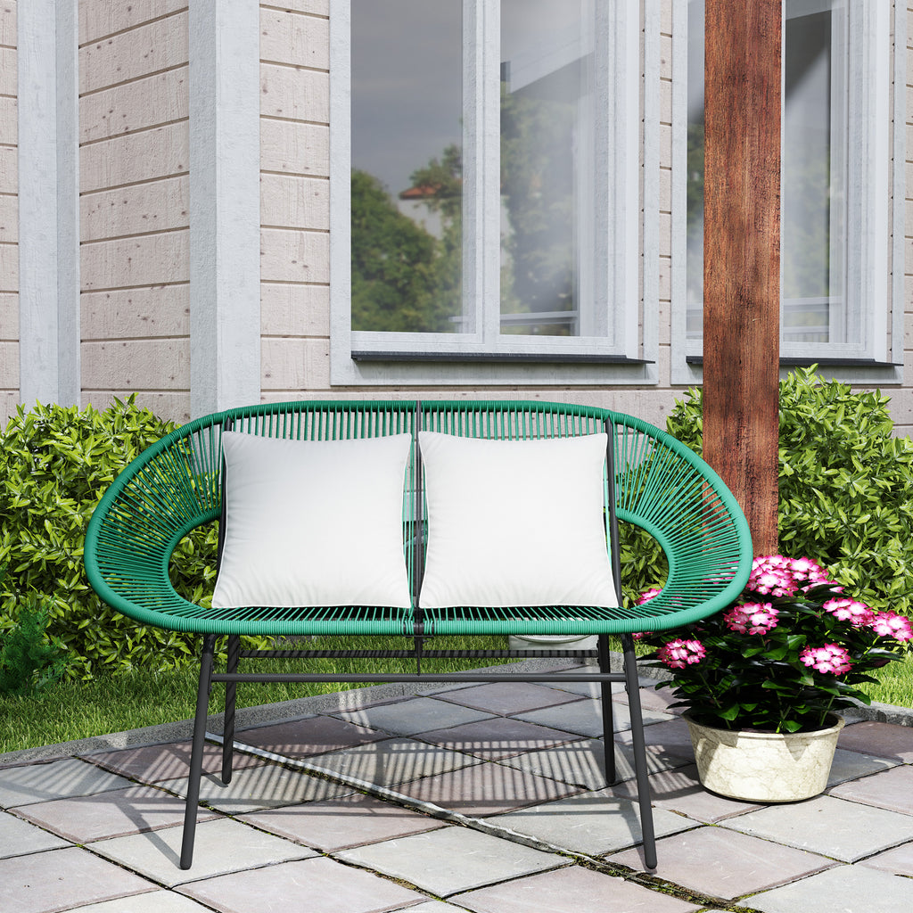 Banquette banc de jardin 2 places en acier et cordage en résine avec 2 coussins - dim. 132L x 72l x 83H cm - vert foncé-7