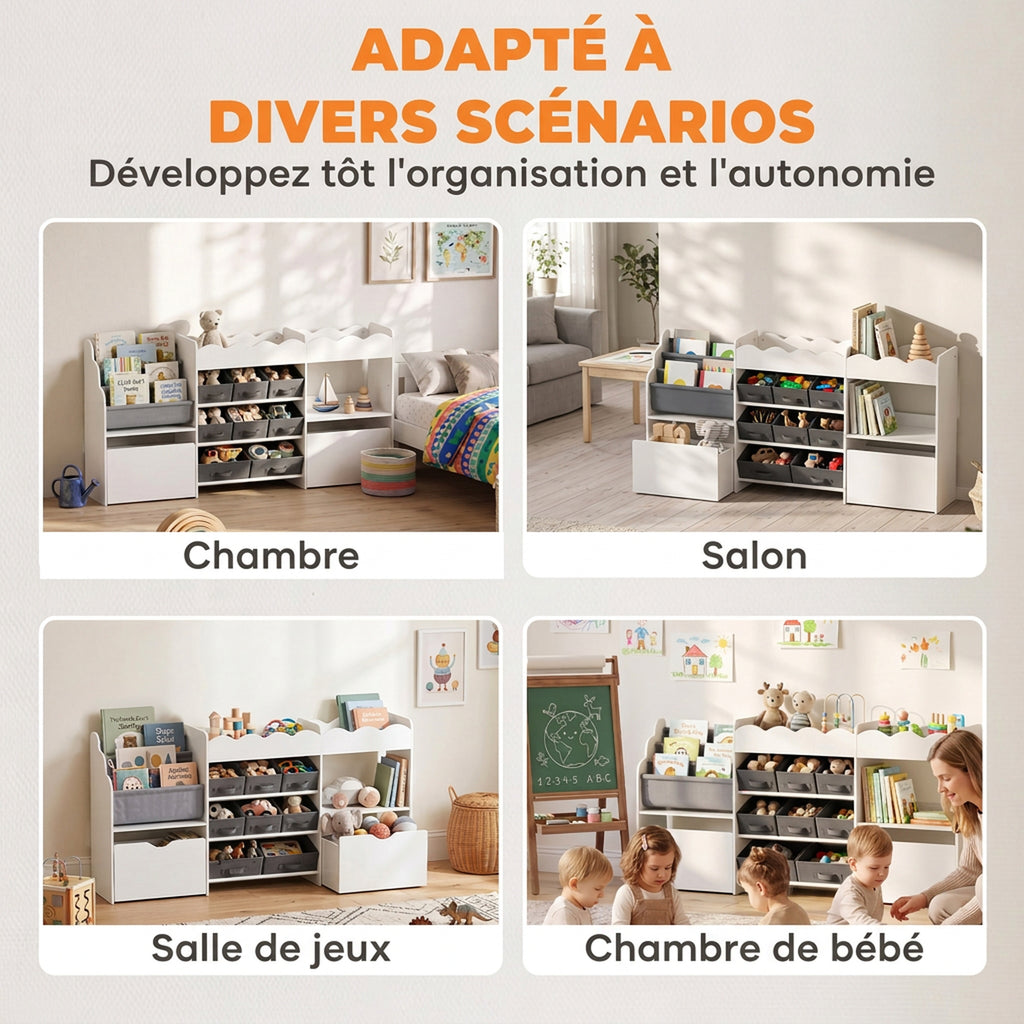 Meuble de rangement jouets enfant avec bibliothèque, 8 bacs en tissu, 2 tiroirs à roulettes et étagères ouvertes, blanc-8