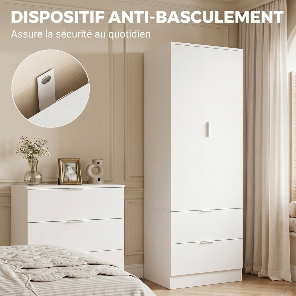 Armoire Chambre Penderie avec 2 Tiroirs, 2 Portes à Fermeture Douce et Barre de Suspension, 60 x 47 x 180 cm, Blanc-4