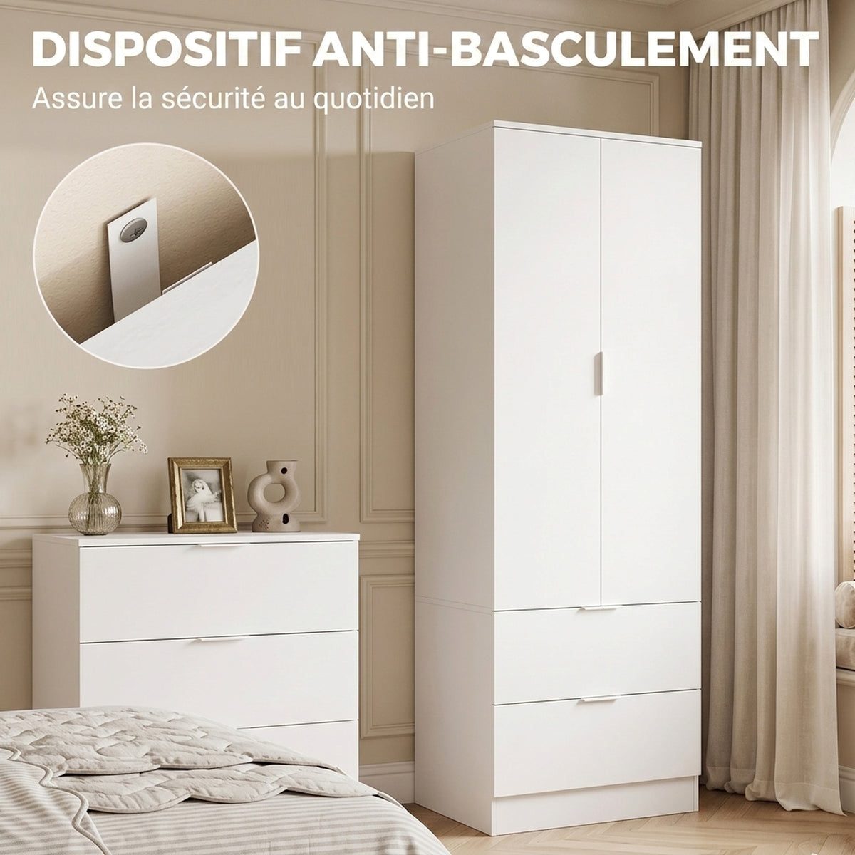 Armoire Chambre Penderie avec 2 Tiroirs, 2 Portes à Fermeture Douce et Barre de Suspension, 60 x 47 x 180 cm, Blanc-4