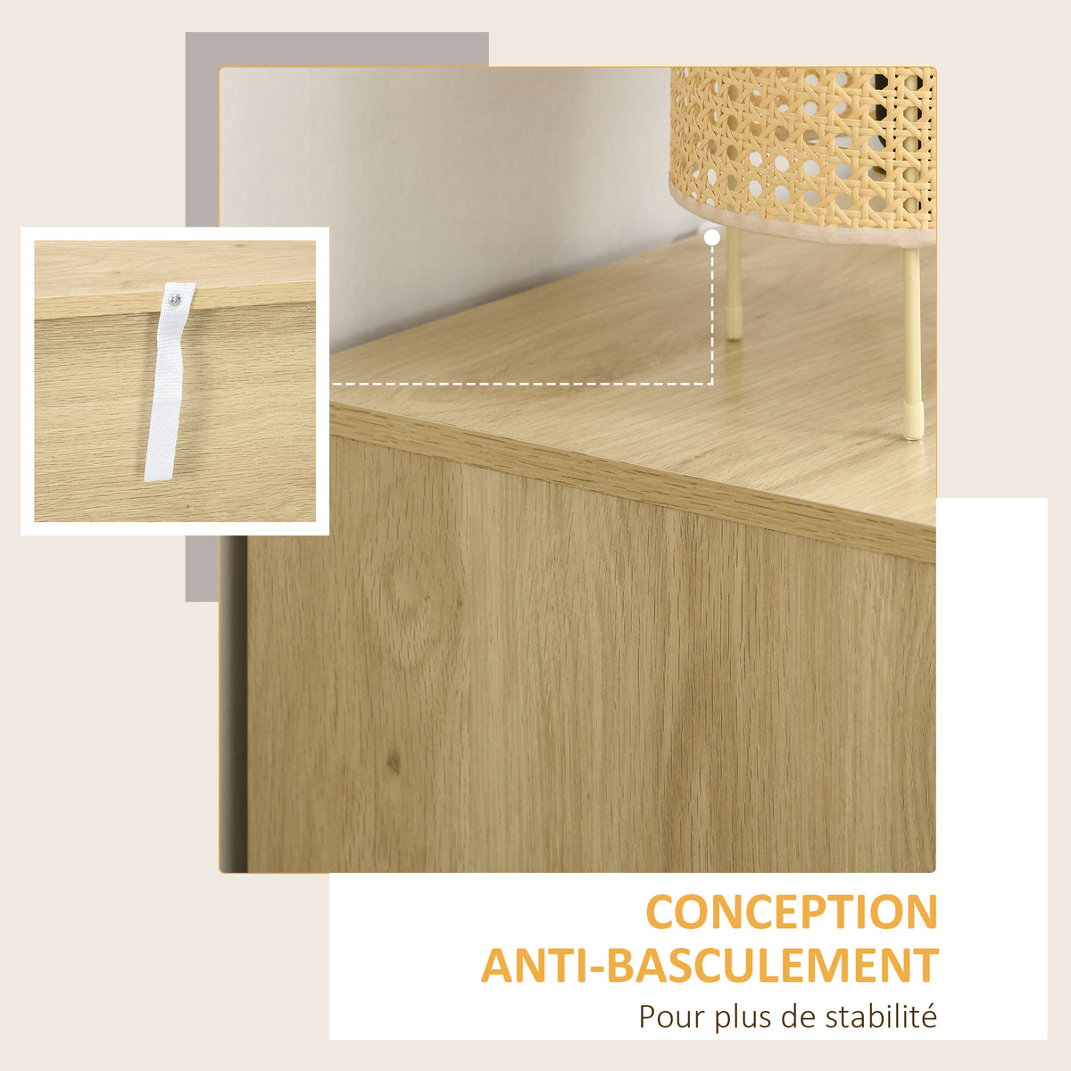 Commode design bohème en rotin avec 3 tiroirs, meuble de rangement pour le salon, le couloir, l'entrée, bois naturel-5