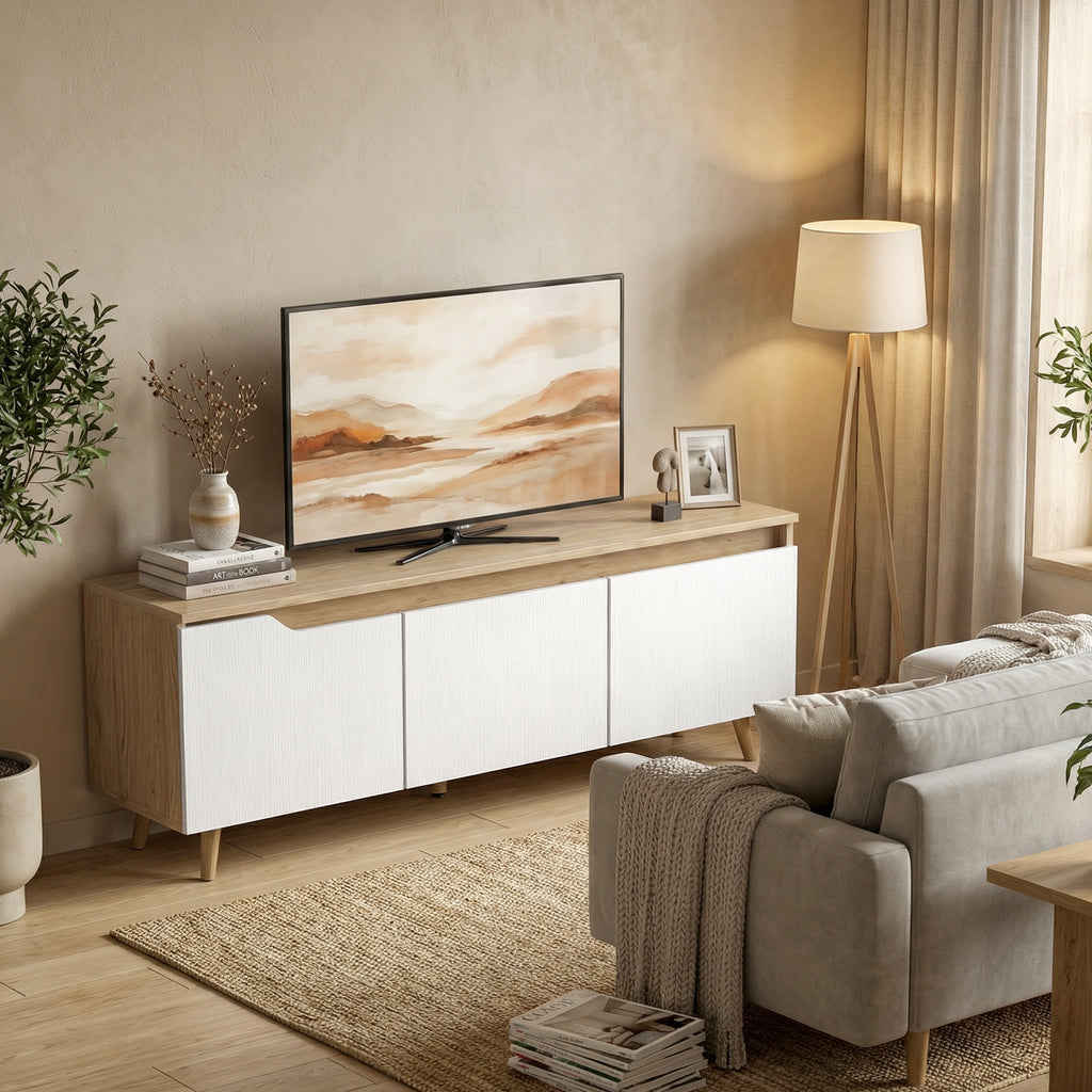 Meuble TV 120 cm, meuble télé pour téléviseur jusqu'à 55 pouces avec 3 portes, étagère réglable, chêne et blanc-9