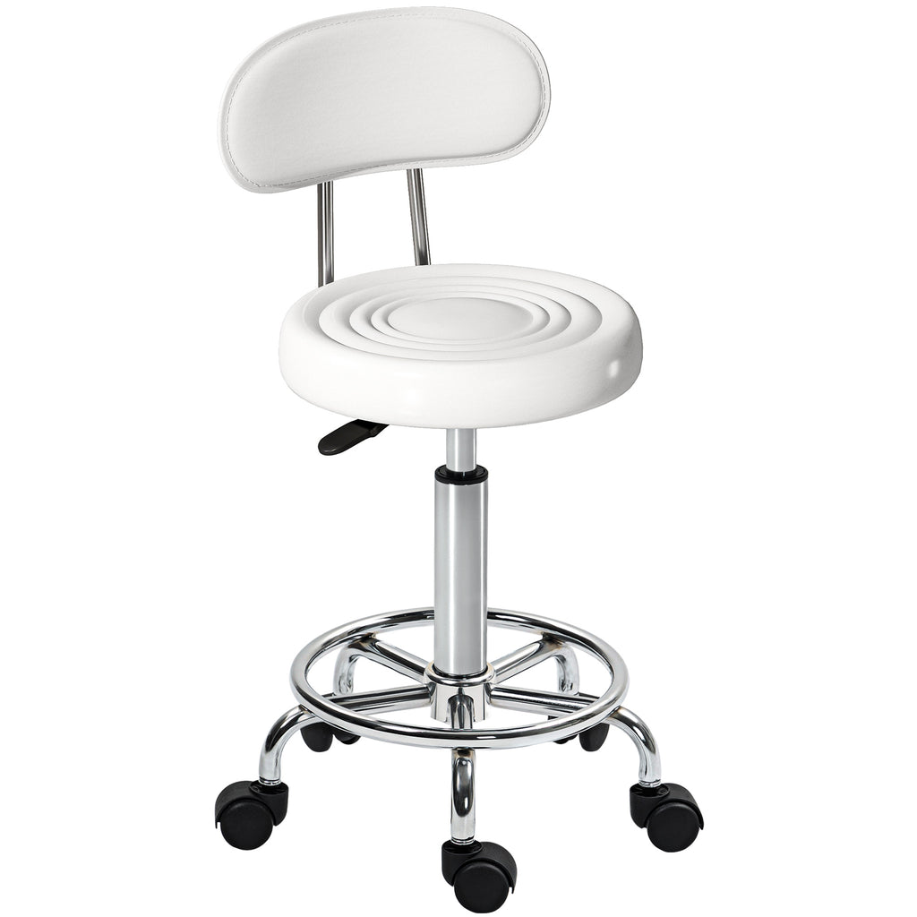 Tabouret à roulettes, tabouret de massage avec hauteur réglable 70-86 cm et dossier, pivotant 360°, blanc-0