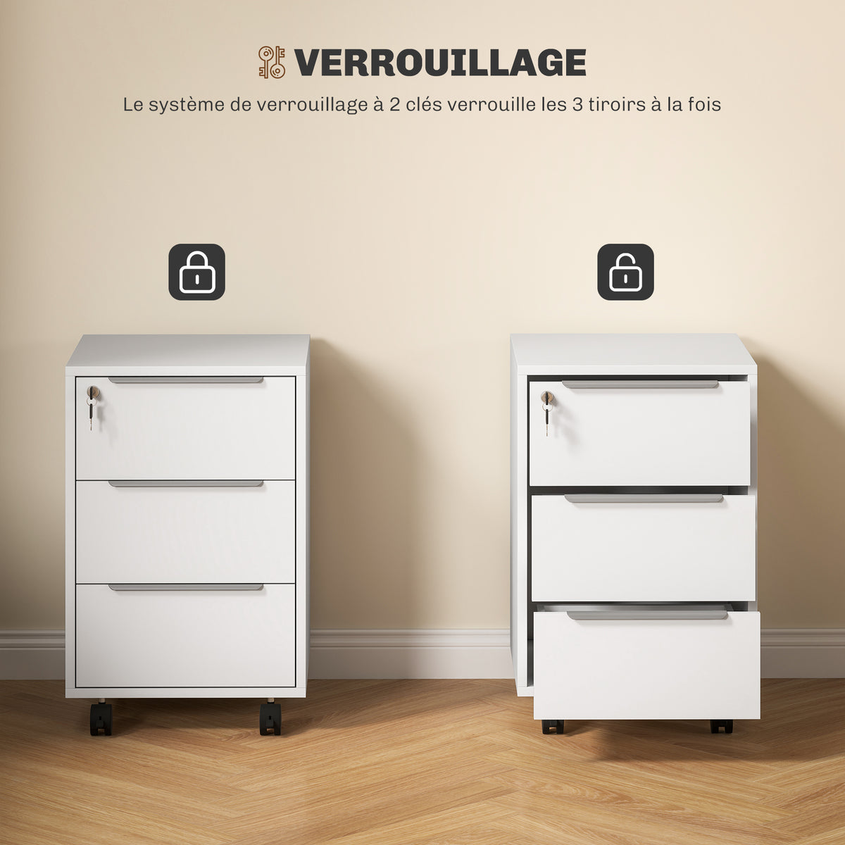 Caisson de bureau à roulettes avec 3 tiroirs et serrure pour dossiers 40 x 40 x 63,5 cm blanc-6