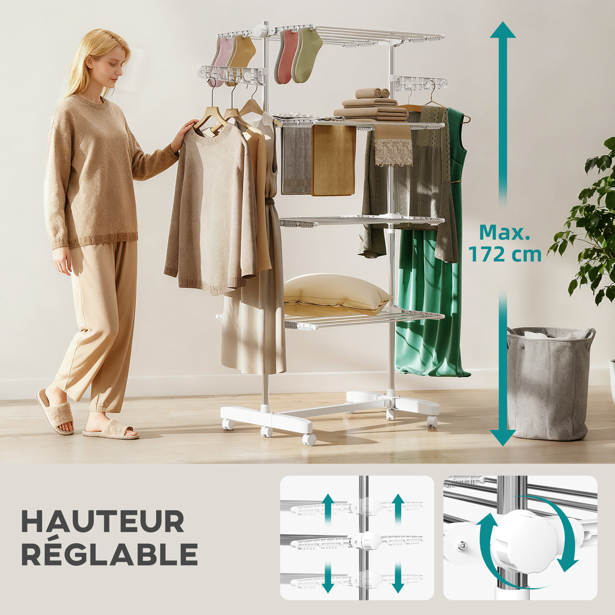 Étendoir à Linge 4 Niveaux, Sechoir a Linge avec 6 Roulettes, Pliable, Cadre en Acier Inoxydable et Ailes Latérales, pour Intérieur Extérieur, 142 x 55 x 172 cm, Blanc-3