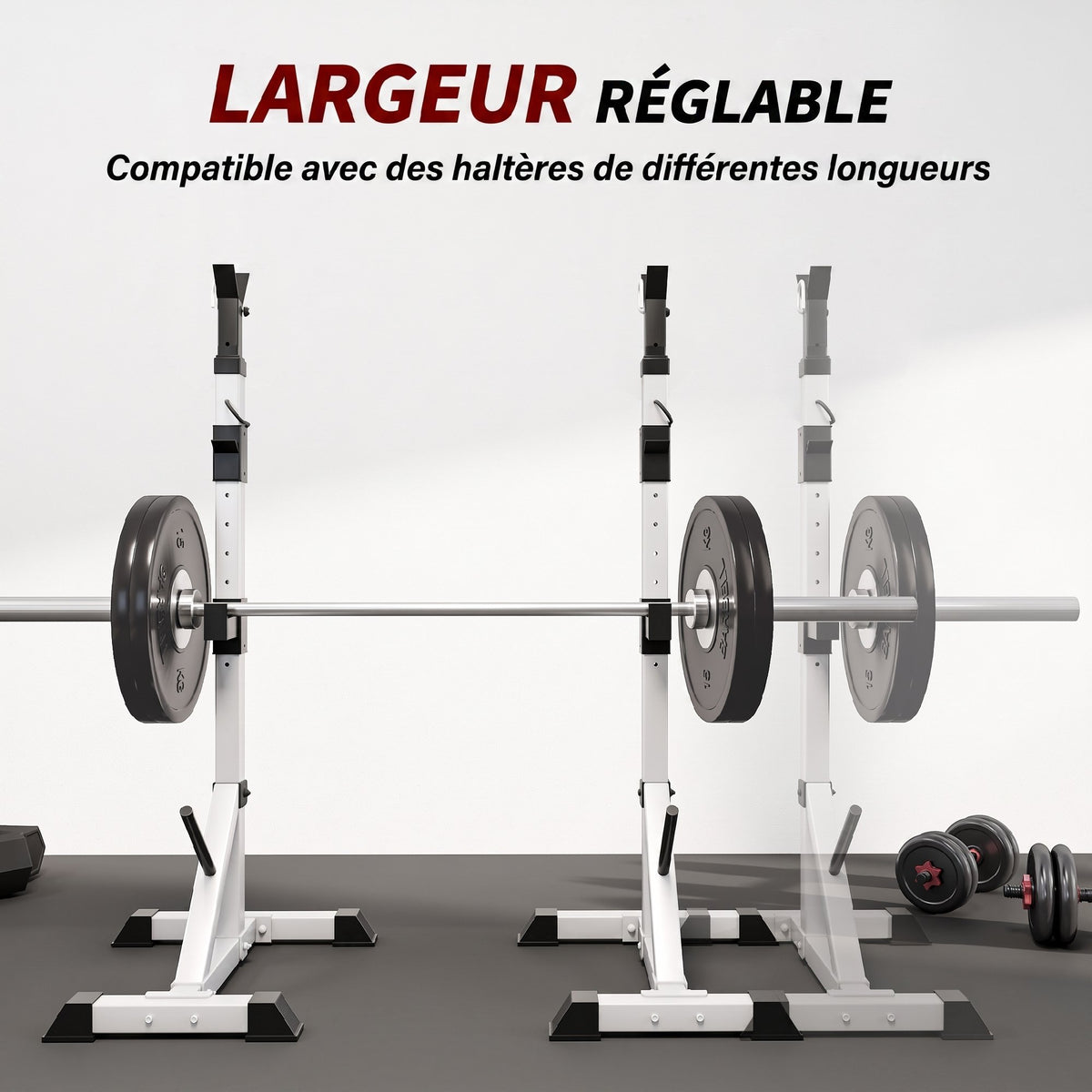 Squat Rack Réglable en Acier, Charge 200 kg, Support pour 3 Barres d'Haltères avec Crochets, 58,5x75,5x136-176cm, Argent-5