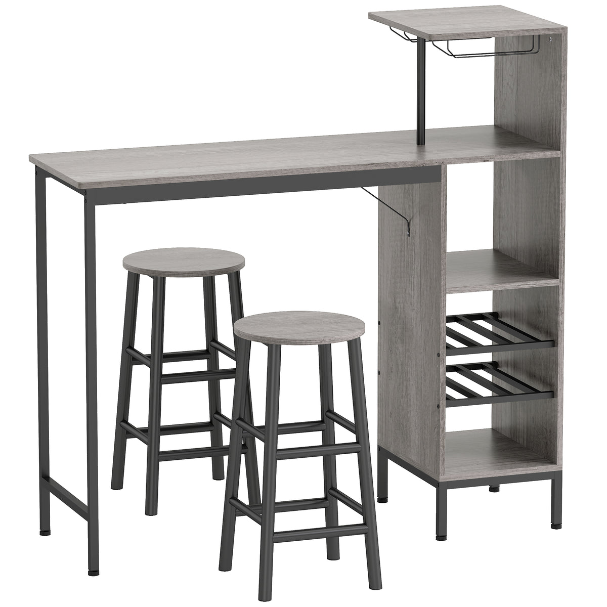Ensemble table de bar avec tabourets, table à manger debout avec 2 chaises de bar étagères, casiers à vin, bois naturel-0