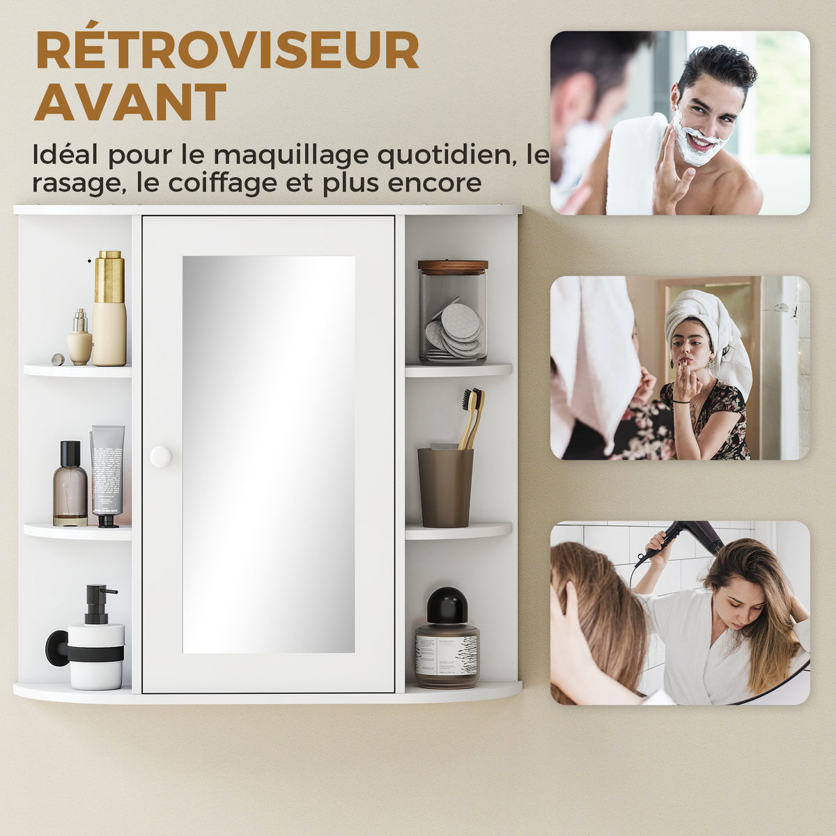Armoire Murale avec Miroir Salle de Bain Meuble Miroir avec Rangement Toilettes 1 Porte + étagères latérales-4