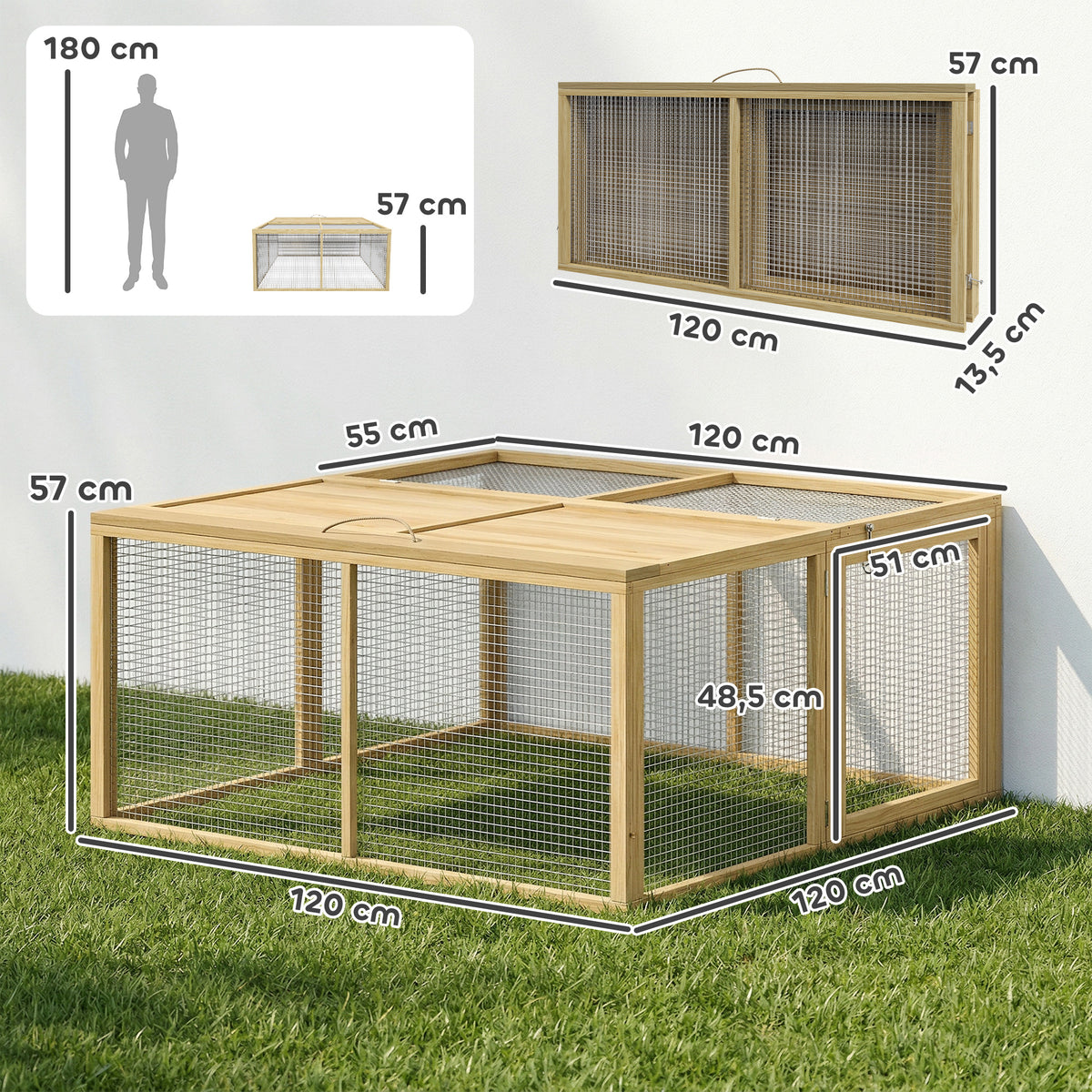 Enclos Lapin Extérieur Cage Lapin Intérieur Pliable Toit Ouvrant Total Poignée 1,44㎡ 120x120x57cm Naturel-2