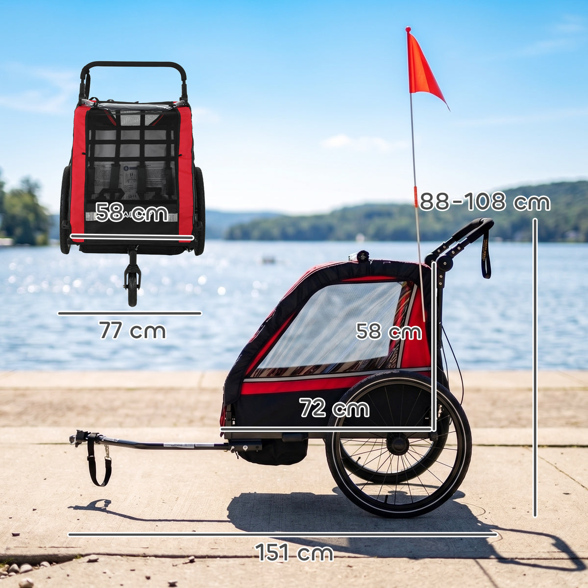 Remorque vélo enfant 2 en 1, poussette vélo bébé 2 places, guidon réglable, frein à main, ceinture de sécurité, rouge-2