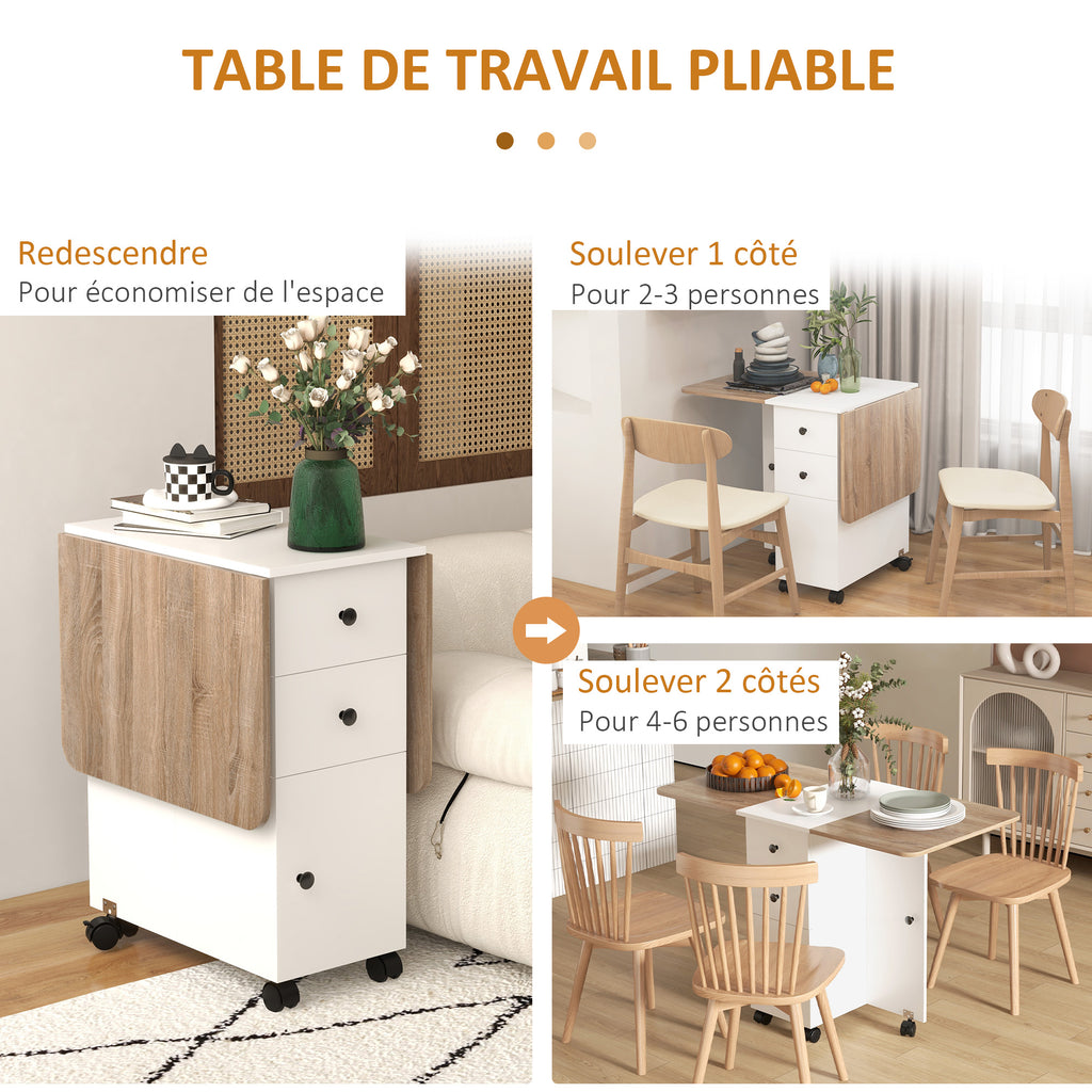 Table de cuisine pliable table à manger pliante 2 plateaux rabattables avec 2 tiroirs 1 placard blanc et chêne-4