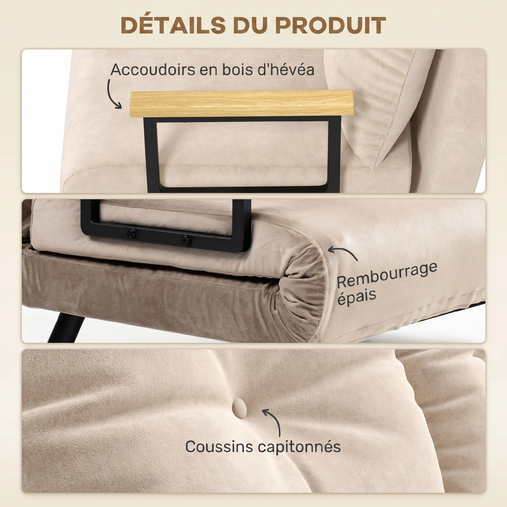 Canapé convertible 2 places avec dossier réglable à 5 niveaux et 2 coussins rembourrés, revêtement effet velours, beige-6