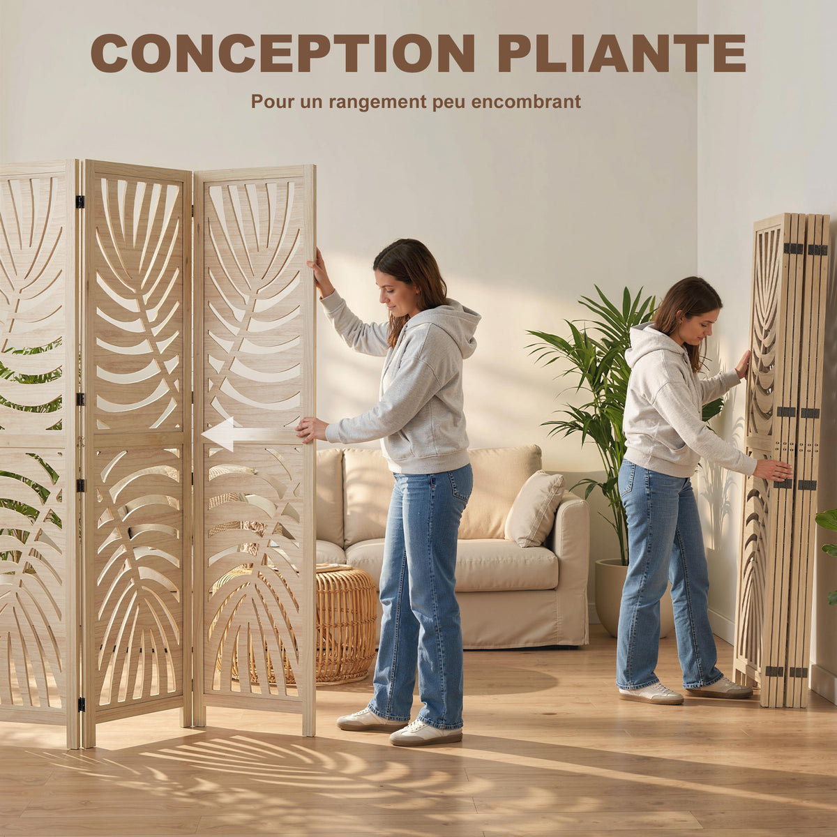 Paravent interieur en bois 6 panneaux 240 x 170 cm, pliable et portable, motif de feuille, design amovible, bois naturel-4