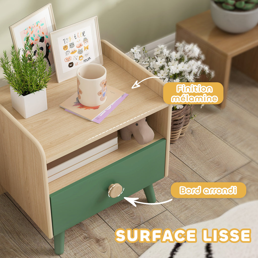 Lot de 2 tables de chevet enfant, tables de nuit enfant avec tiroir et niche, pour chambre d'enfant, 40x32,5x40cm, vert-6