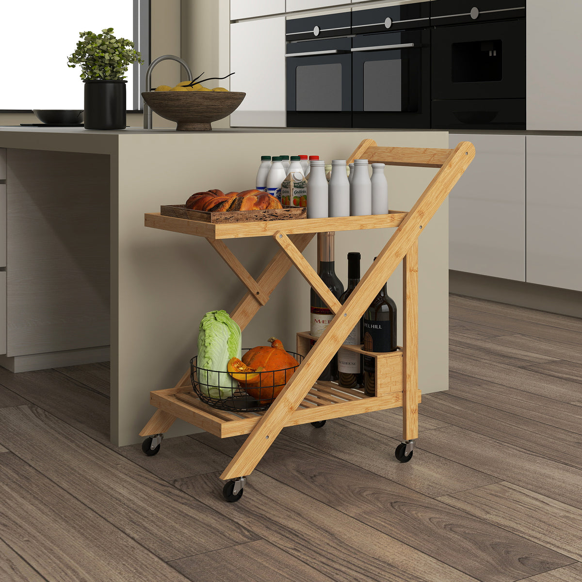 Desserte de cuisine en bambou chariot de service pliable 2 plateaux 4 roues 3 casiers à vin 66 x 40 x 70 cm bois naturel-6