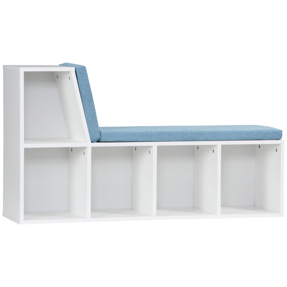 Bibliothèque banc 2 en 1 avec 5 compartiments de rangement et 2 coussins 108 x 30 x 60 cm blanc bleu-0