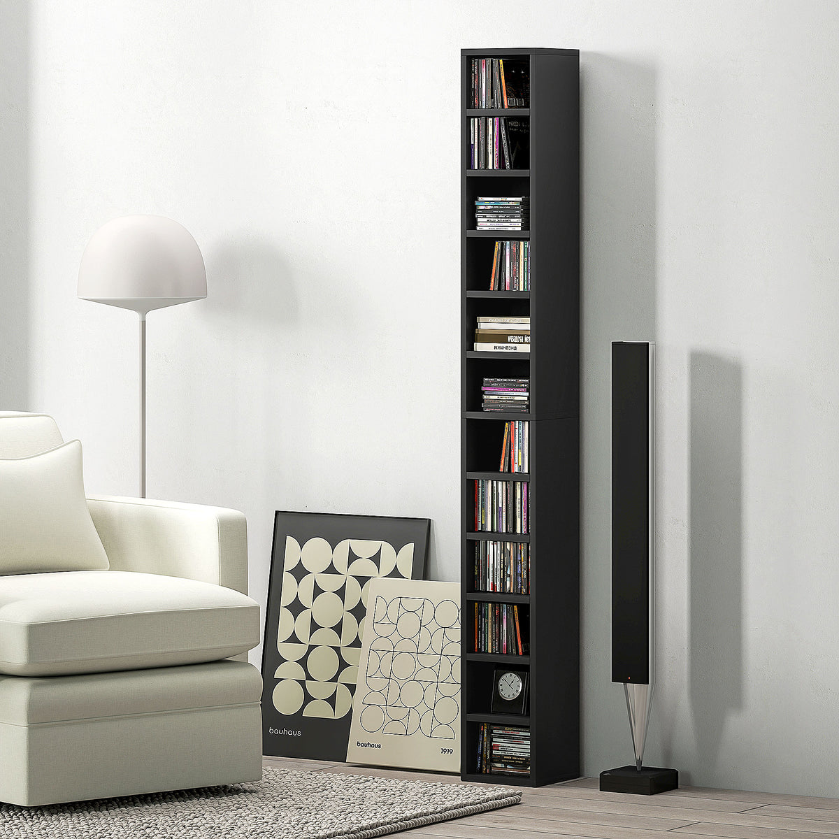 Rangements pour CD et DVD avec 12 compartiments, capacité max. 204 CD, 21 x 20 x 175 cm, noir-9