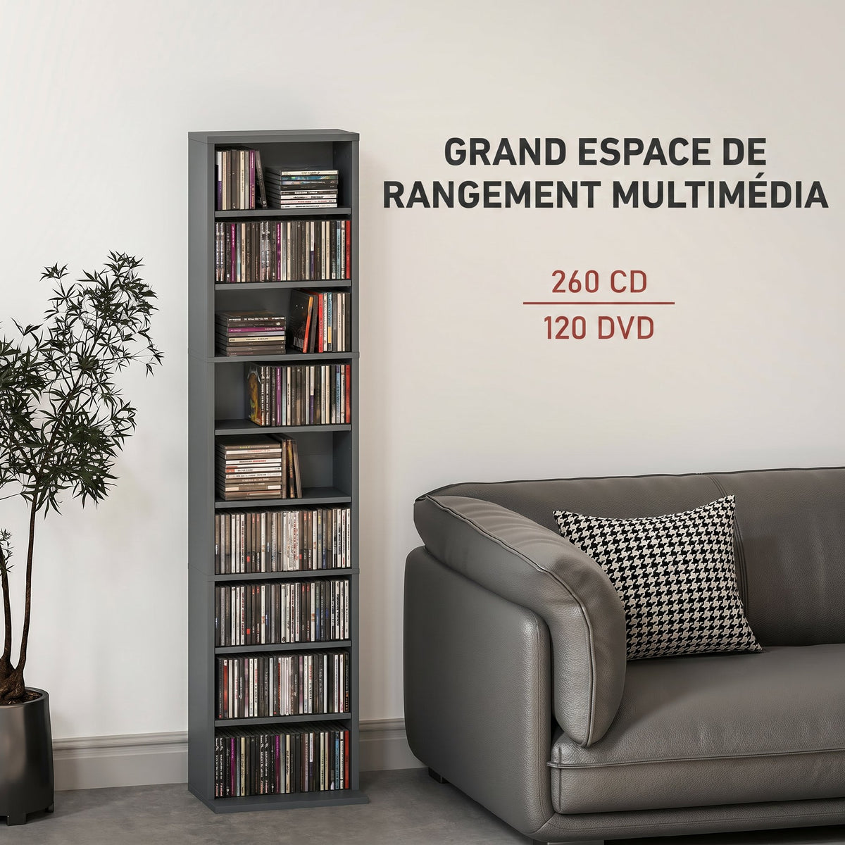 Rangements pour CD et DVD 9 compartiments et 6 étagères réglables capacité max. 260 CD/120 DVD 33 x 24 x 140 cm gris-3