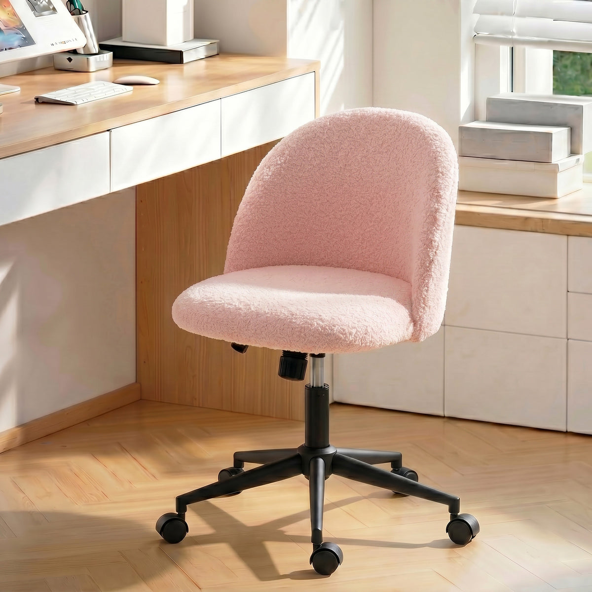 Chaise de Bureau Pivotante en Fourrure Teddy, Hauteur Réglable, Roulettes, Mousse Haute Résilience, Rose-1