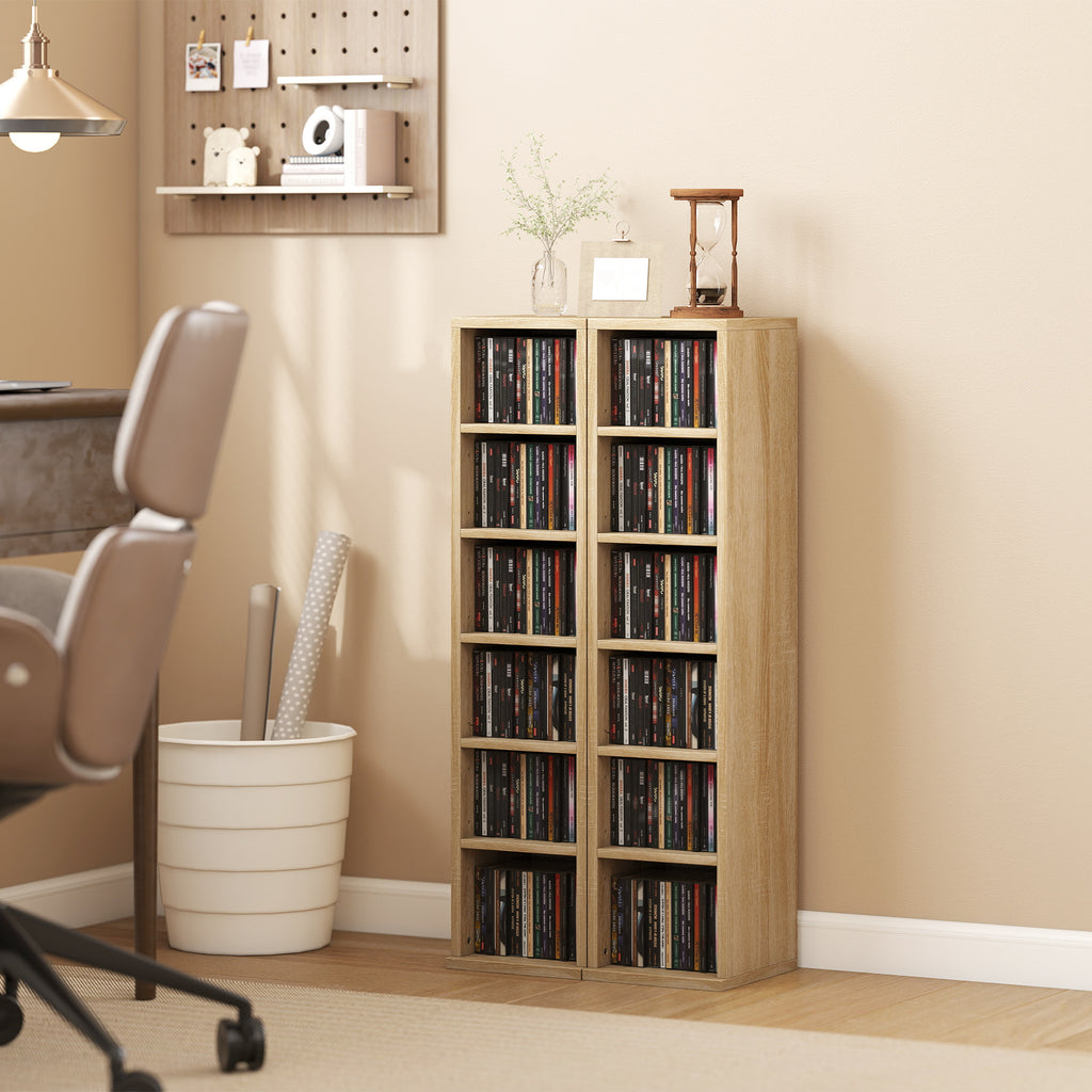 Lot de 2 étagères colonnes armoire de rangement CD-DVD 12 compartiments 21 x 22,5 x 88,5 cm capacité 204 CD chêne-1