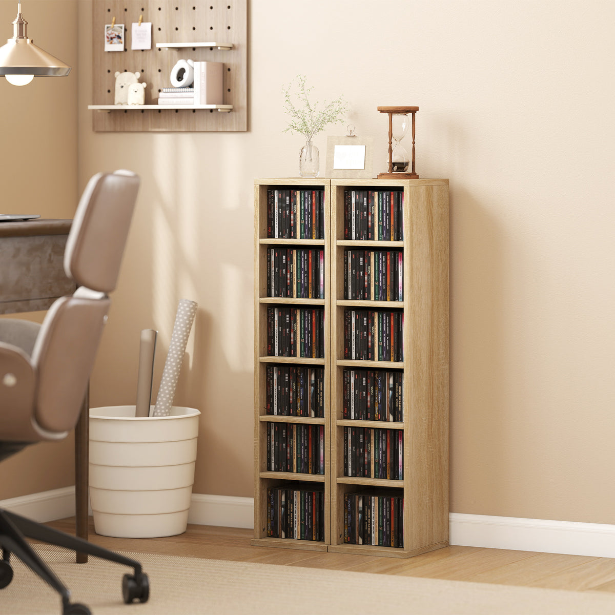 Lot de 2 étagères colonnes armoire de rangement CD-DVD 12 compartiments 21 x 22,5 x 88,5 cm capacité 204 CD chêne-1