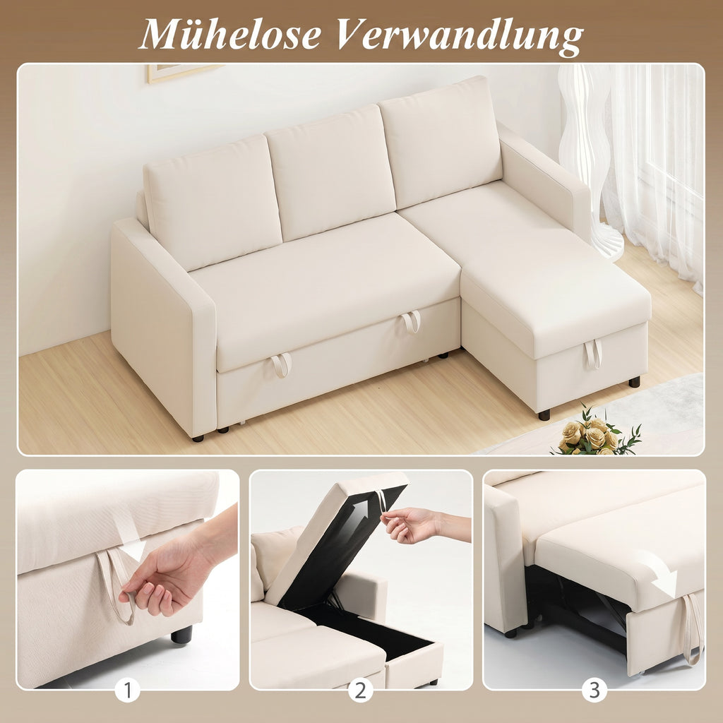 Canapé d'angle convertible modulable avec méridienne réversible, coffre de rangement et 3 coussins de dossier, crème-3