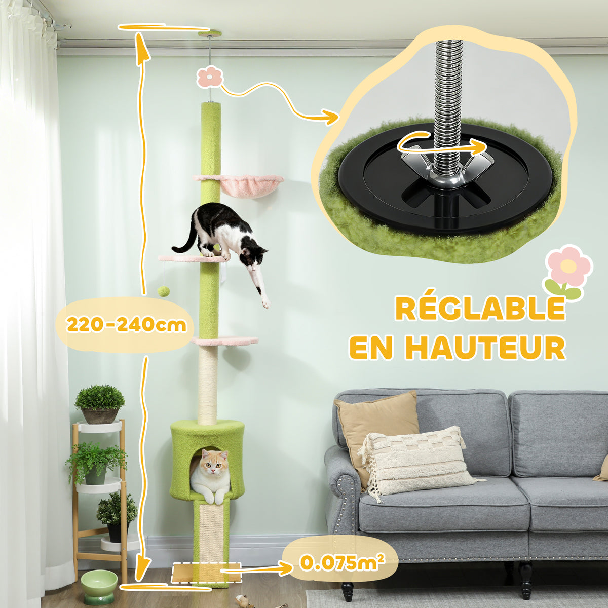 Arbre à chat du sol au plafond 5 niveaux hauteur réglable 220-240 cm plateformes fleur avec griffoir niche hamac vert-3