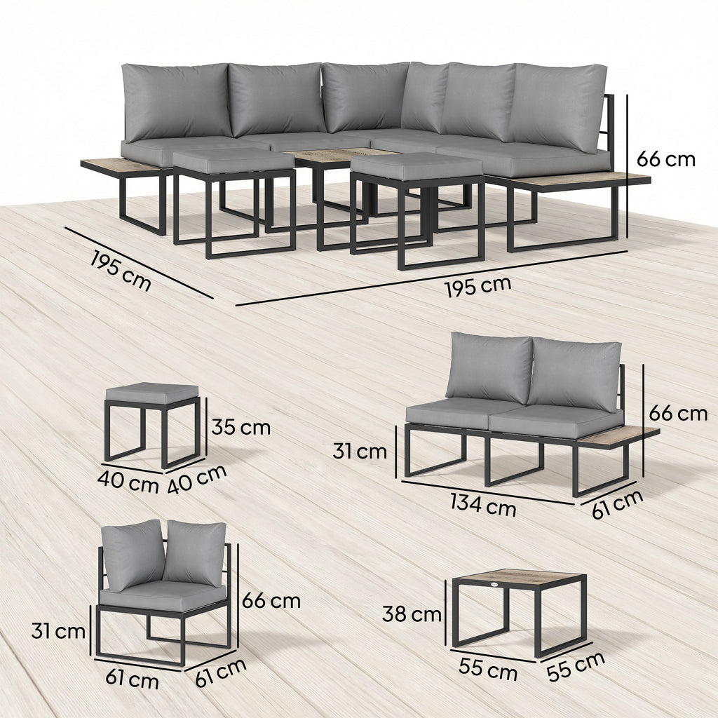 Salon de jardin extérieur 6 personnes modulable table basse et plateaux latéraux en bois PSPC coussins épais 10cm gris-2