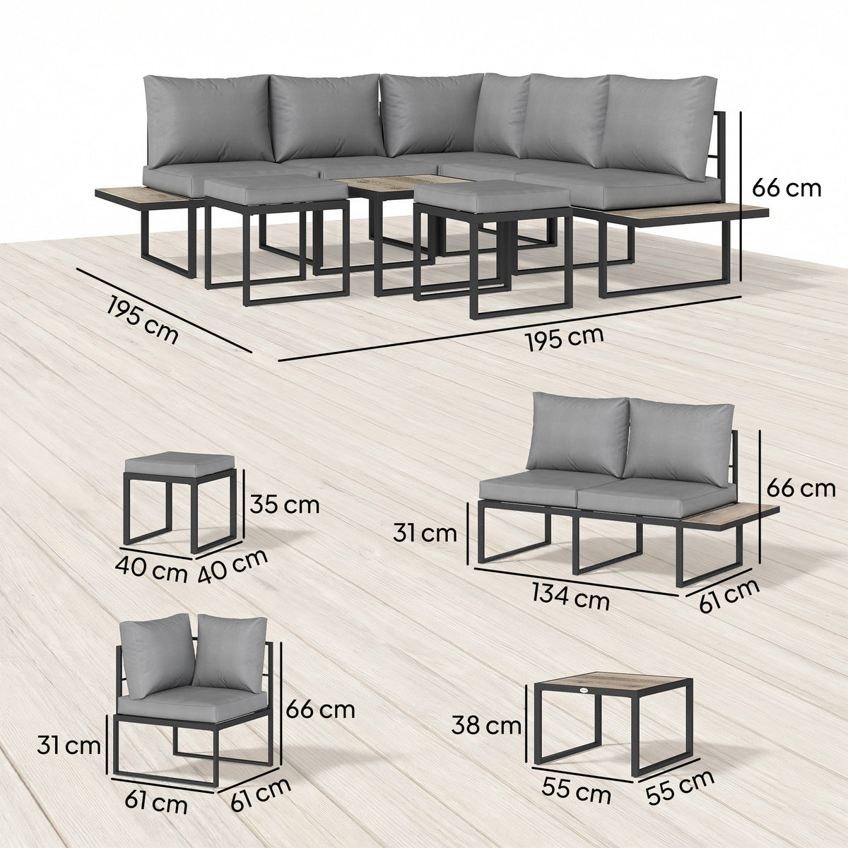 Salon de jardin extérieur 6 personnes modulable table basse et plateaux latéraux en bois PSPC coussins épais 10cm gris-2
