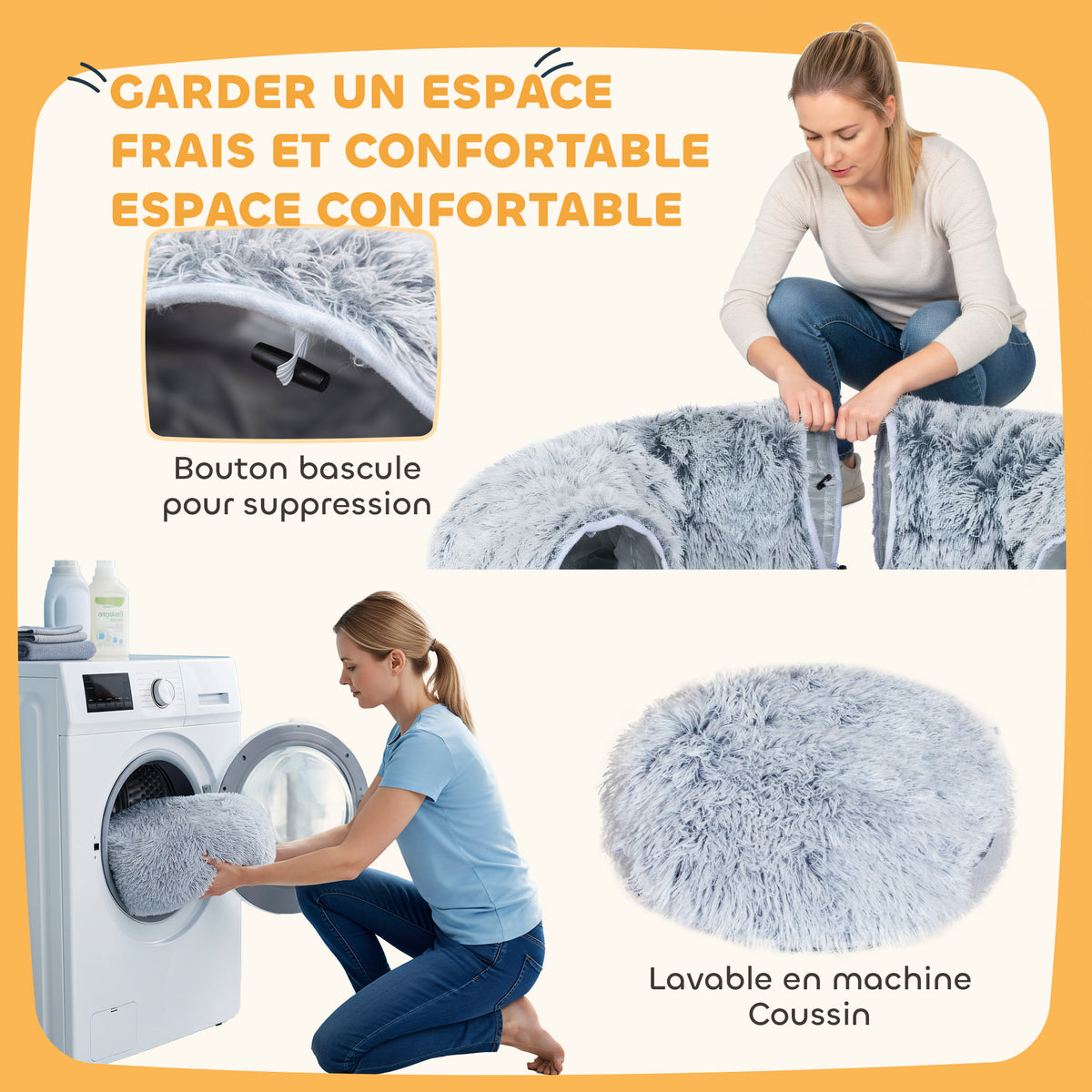 Tunnel pour Chat Intérieur avec Lit de Chat en Forme de Donut, Coussin Circulaire Lavable, 90x80x27cm, Gris Clair-6