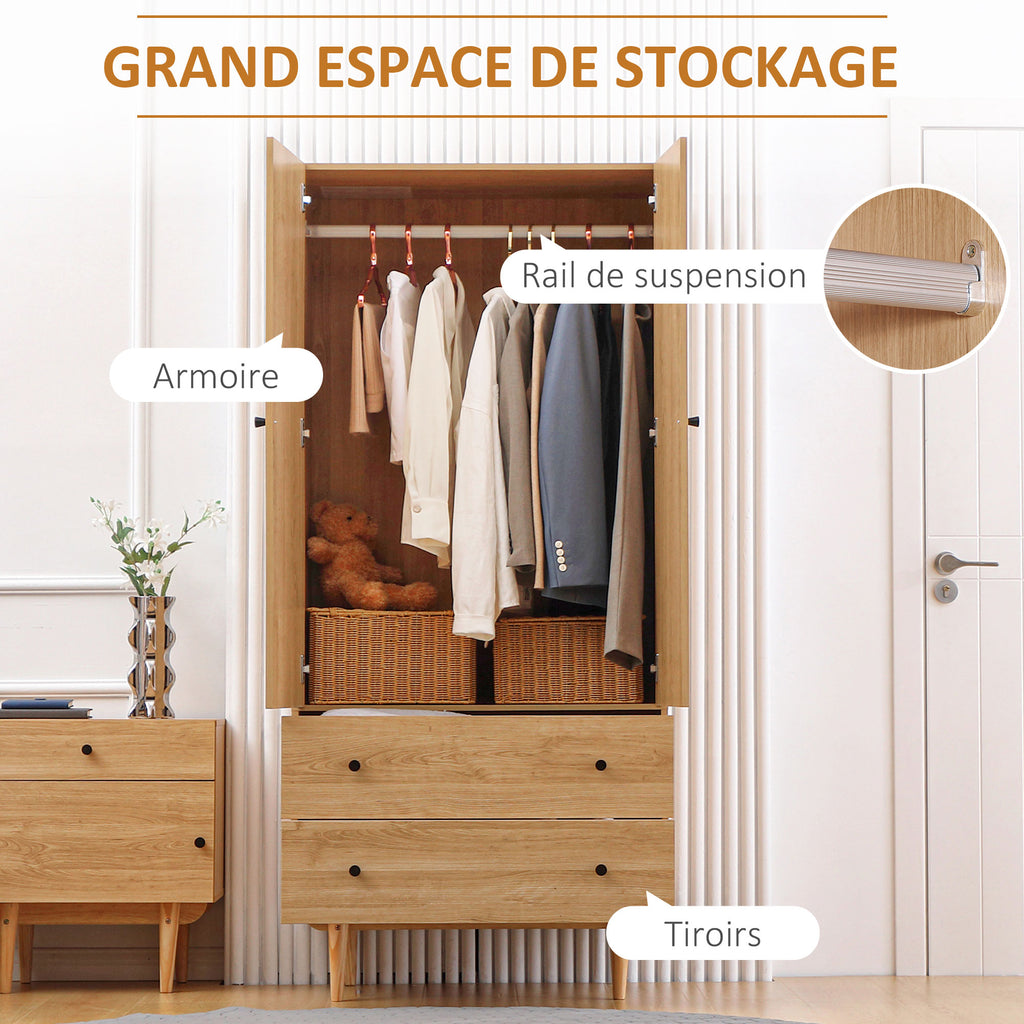Armoire à vêtements armoire de rangement penderie avec 2 portes, 2 tiroirs et tringle - 80 x 52 x 180 cm - aspect bois-4