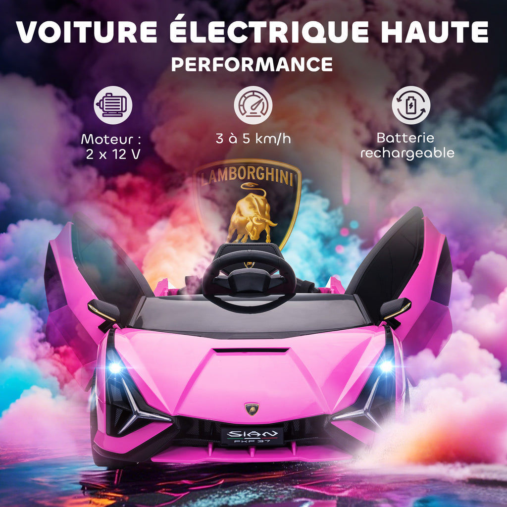 Voiture électrique Enfants de Sport Véhicule électrique Lamborghini Sian 12 V - V. Max. 5 Km/h avec Télécommande 2,4G Effets sonores + Lumineux Rose-3