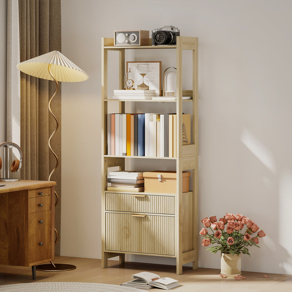 Bibliothèque haute, meuble de rangement avec 4 étagères ouvertes et 2 tiroirs cannelés, 60 x 30 x 160 cm, bois naturel-1
