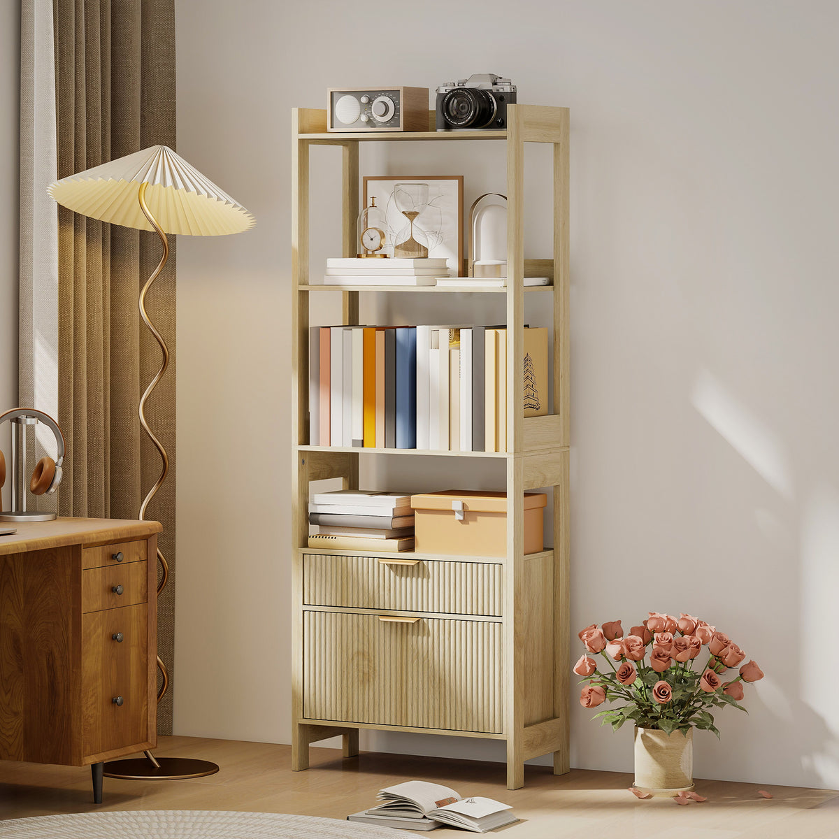 Bibliothèque haute, meuble de rangement avec 4 étagères ouvertes et 2 tiroirs cannelés, 60 x 30 x 160 cm, bois naturel-1