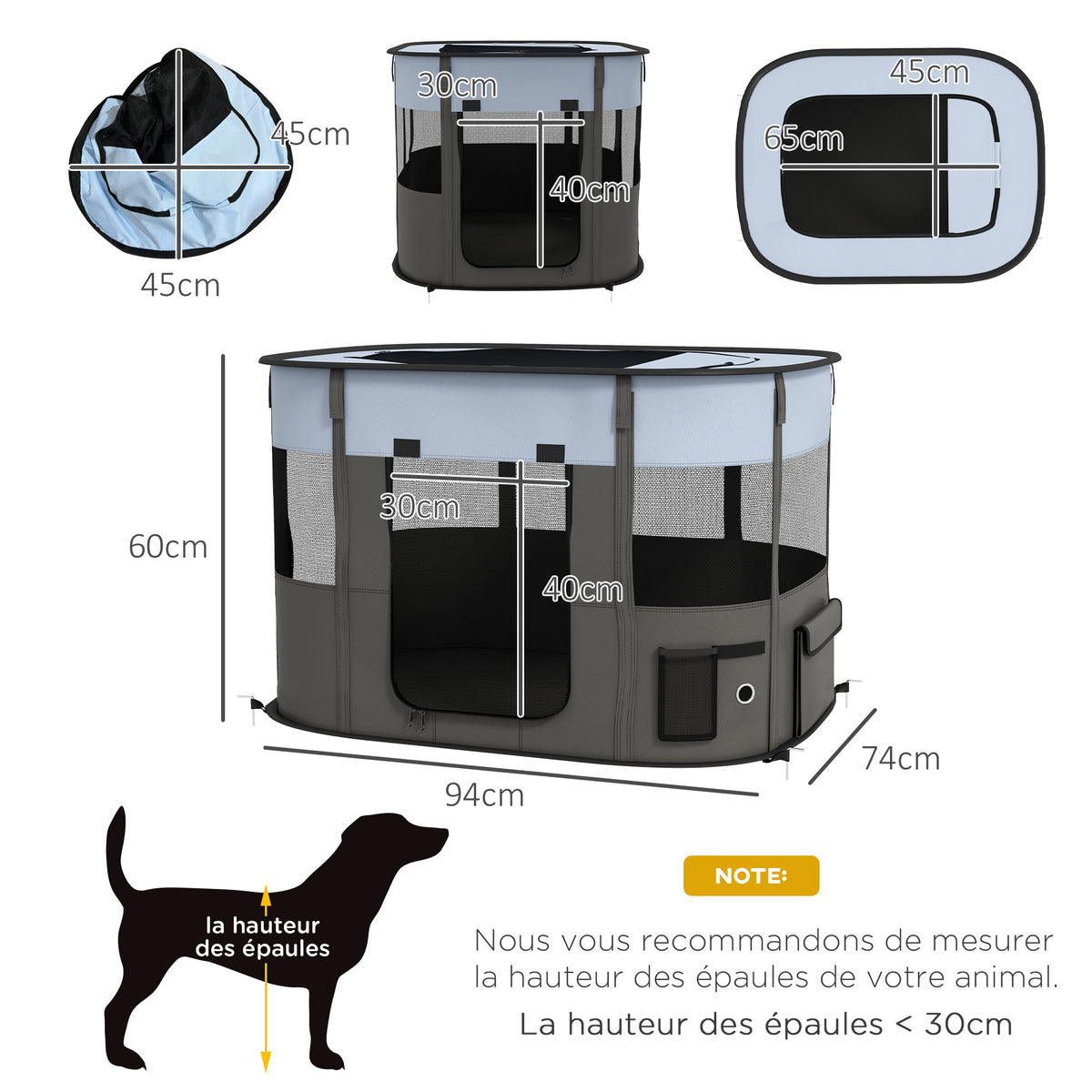 Parc enclos pliable pour chien chat petits animaux en tissu Oxford avec rangement 94 x 74 x 60 cm gris et noir-2