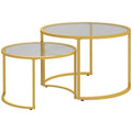 Lot de 2 tables basses gigognes rondes plateau verre trempé et pied en acier au carbone doré-0