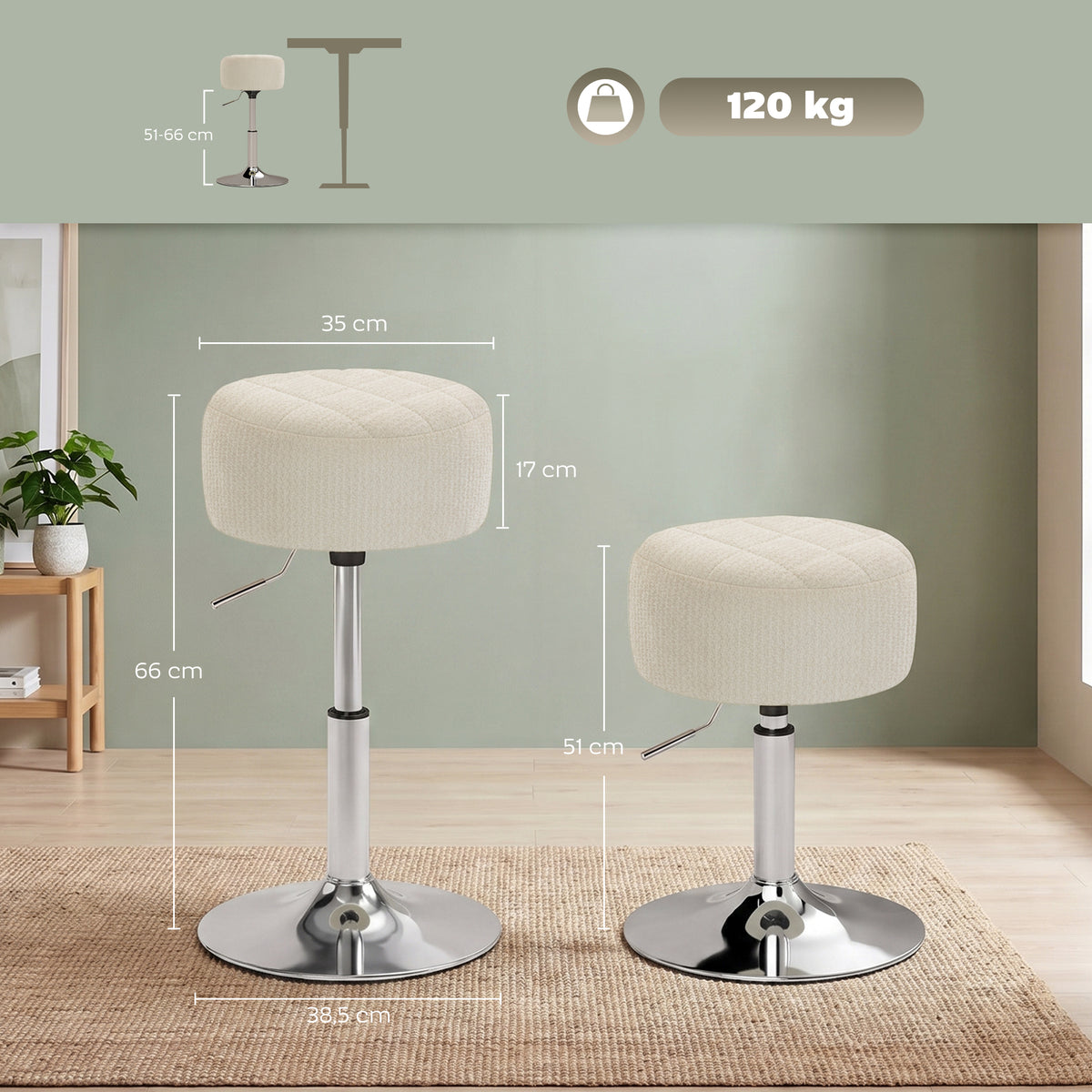 Tabouret de coiffeuse en chenille, tabouret de maquillage pivotant, tabouret de bar réglable en hauteur 51-66 cm, crème-2