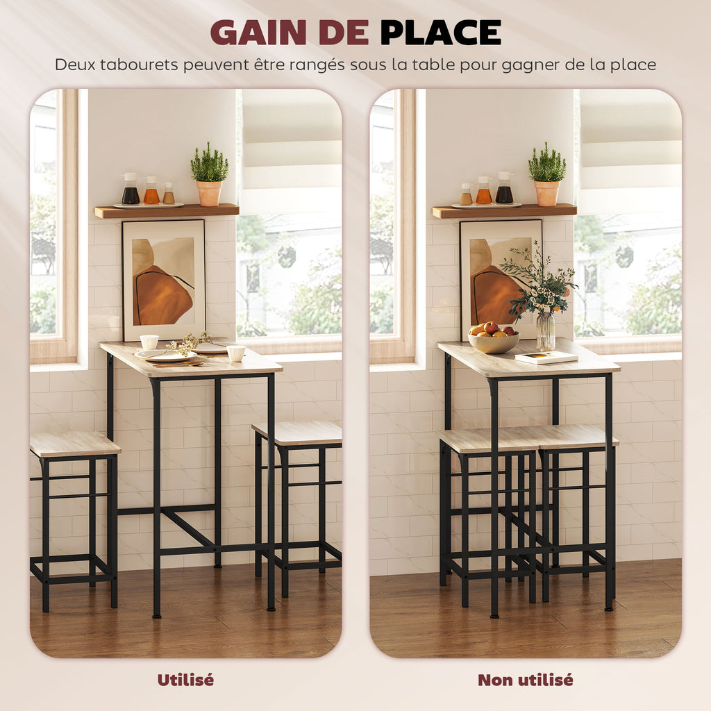 Ensemble table de bar avec 2 tabourets, cadre en acier pour cuisine, salle à manger et salon, effet bois naturel-4