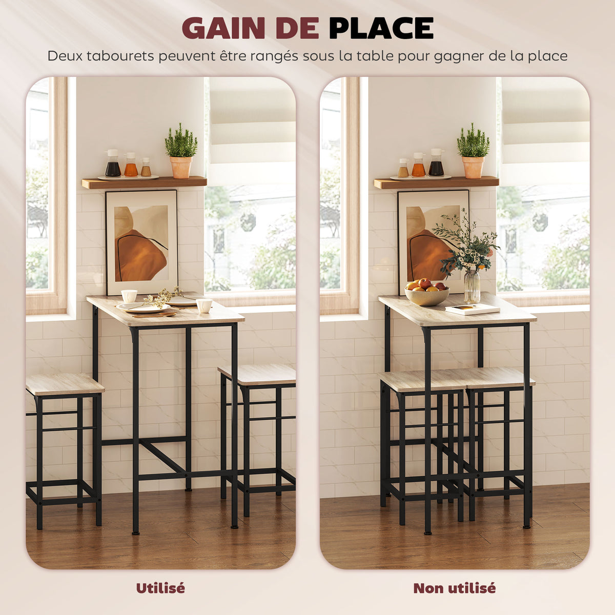 Ensemble table de bar avec 2 tabourets, cadre en acier pour cuisine, salle à manger et salon, effet bois naturel-4