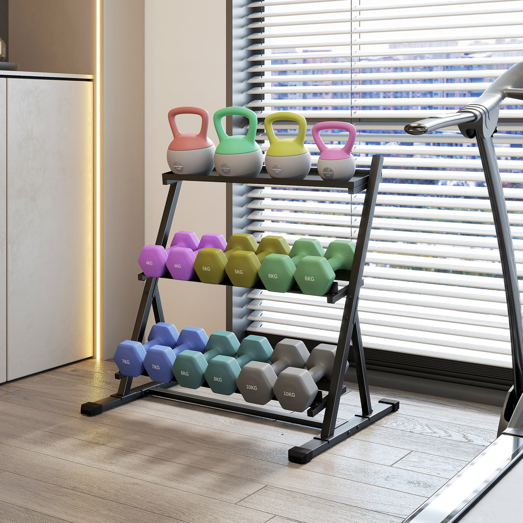 Support pour haltères à 3 niveaux, support de poids réglable en acier pour haltères, kettlebells, noir-9