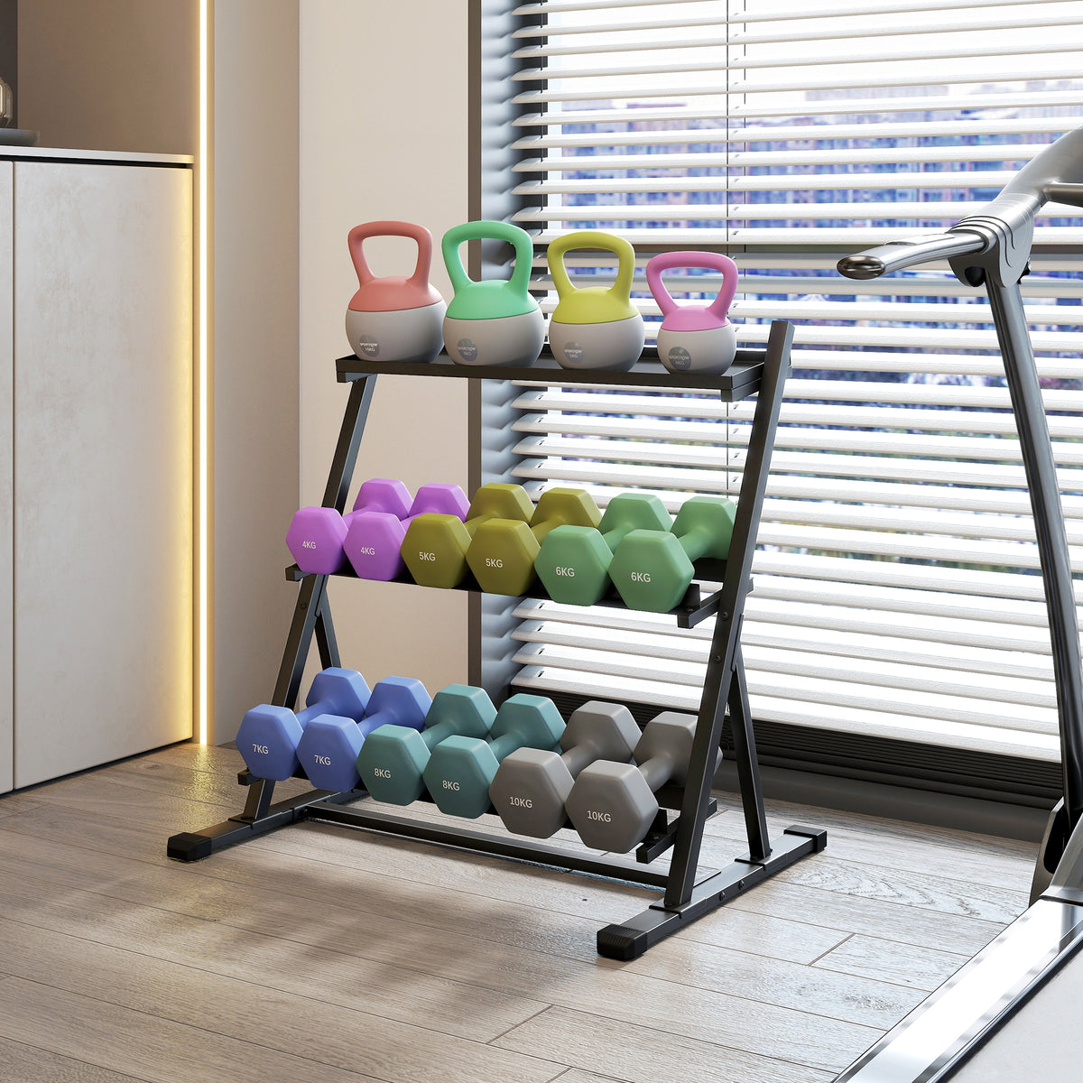 Support pour haltères à 3 niveaux, support de poids réglable en acier pour haltères, kettlebells, noir-9