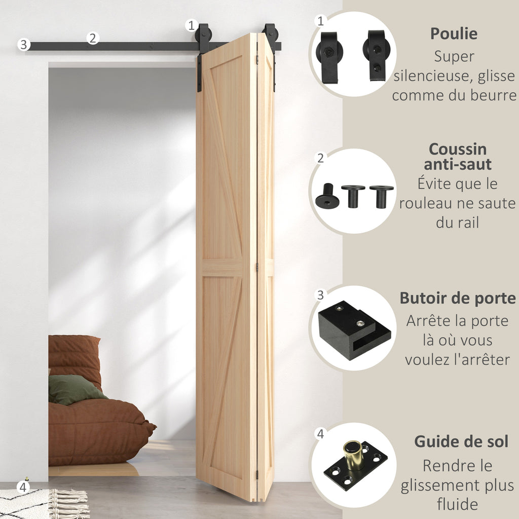122 CM Quincaillerie de porte coulissante pliante kit de rails de porte de grange coulissante en acier pour 2 portes-4