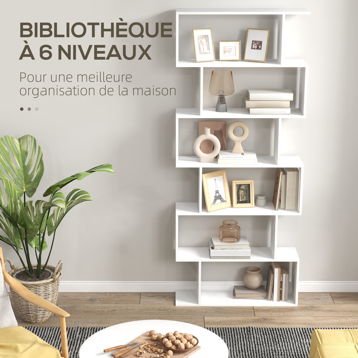 Bibliothèque étagère Zig zag Design Contemporain 80L x 23l x 192H cm 6 Niveaux Blanc-3